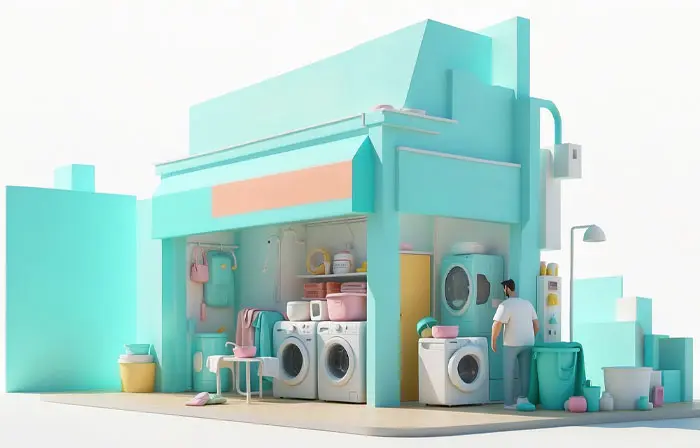 Modern Laundry with Washing Machine Expressive 3D Cartoon Illustration